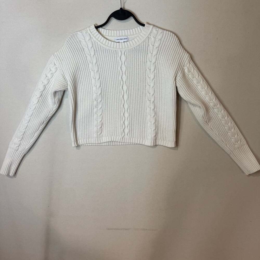 Calvin Klein Jeans White Cable Knit Crop Sweater Size Medium